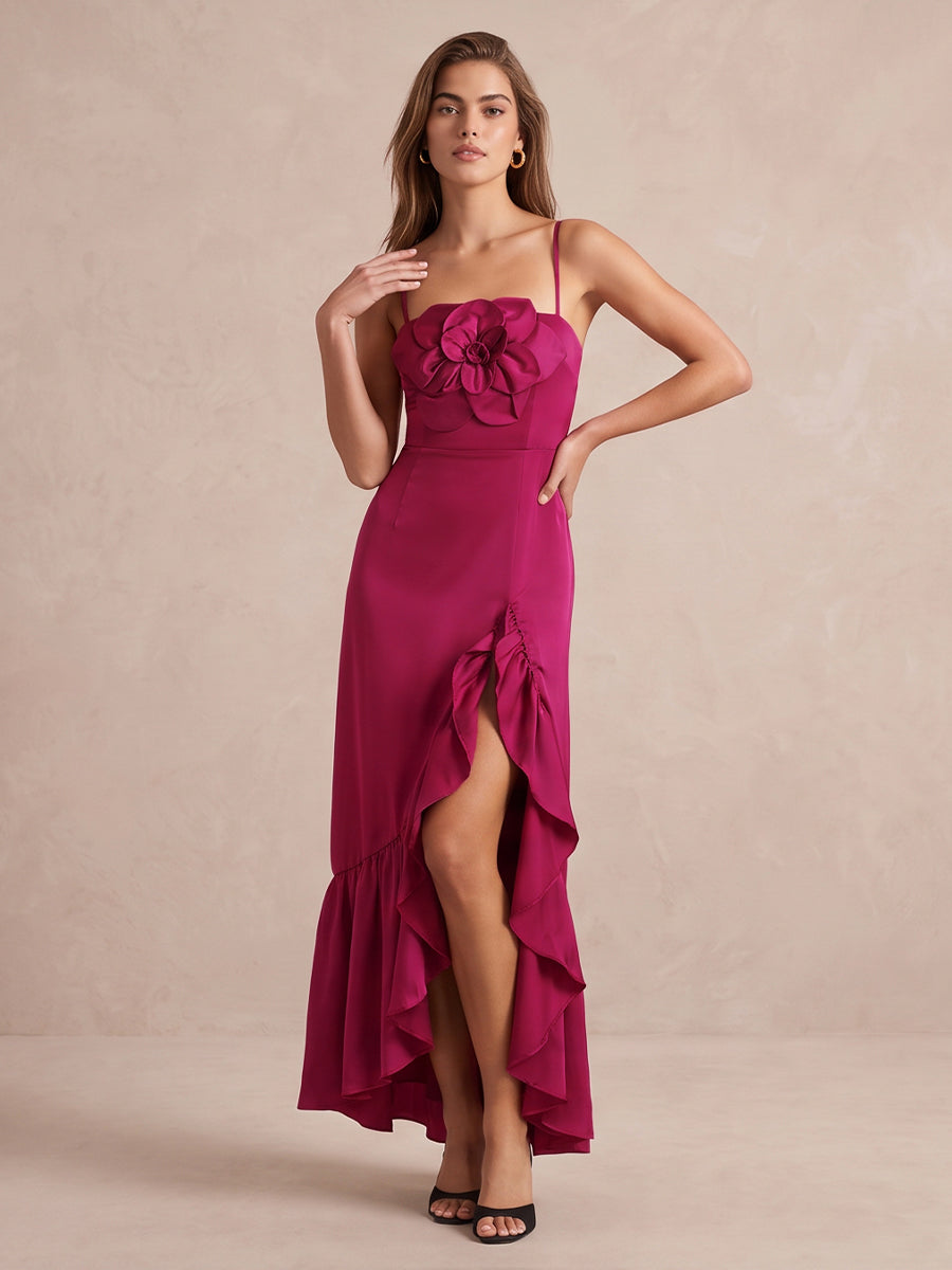 Fuchsia A Line Ankle Length Satin Wedding Guest Dresses Spaghetti Strap Formal Dresses