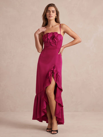 Fuchsia A Line Ankle Length Satin Wedding Guest Dresses Spaghetti Strap Formal Dresses