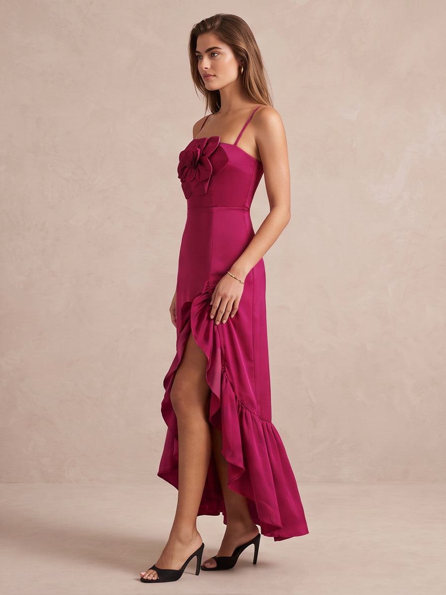 Fuchsia A Line Ankle Length Satin Wedding Guest Dresses Spaghetti Strap Formal Dresses