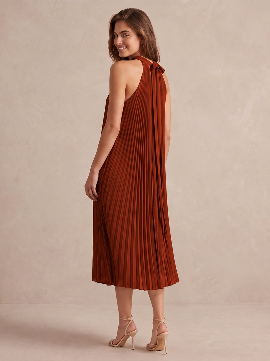 Rust A Line Midi Pleated Chiffon Wedding Guest Dresses High Halter Neck Formal Dresses