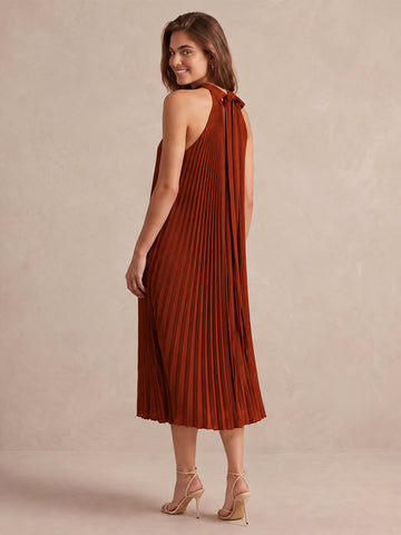 Rust A Line Midi Pleated Chiffon Wedding Guest Dresses High Halter Neck Formal Dresses