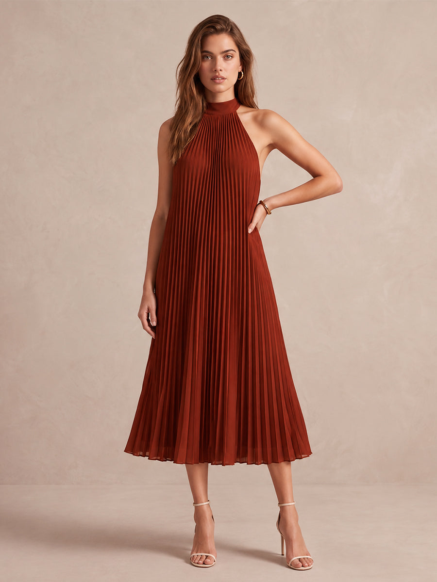 Rust A Line Midi Pleated Chiffon Wedding Guest Dresses High Halter Neck Formal Dresses