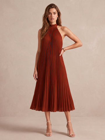 Rust A Line Midi Pleated Chiffon Wedding Guest Dresses High Halter Neck Formal Dresses