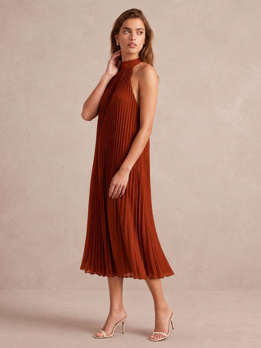 Rust A Line Midi Pleated Chiffon Wedding Guest Dresses High Halter Neck Formal Dresses