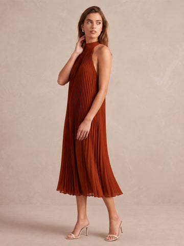 Rust A Line Midi Pleated Chiffon Wedding Guest Dresses High Halter Neck Formal Dresses
