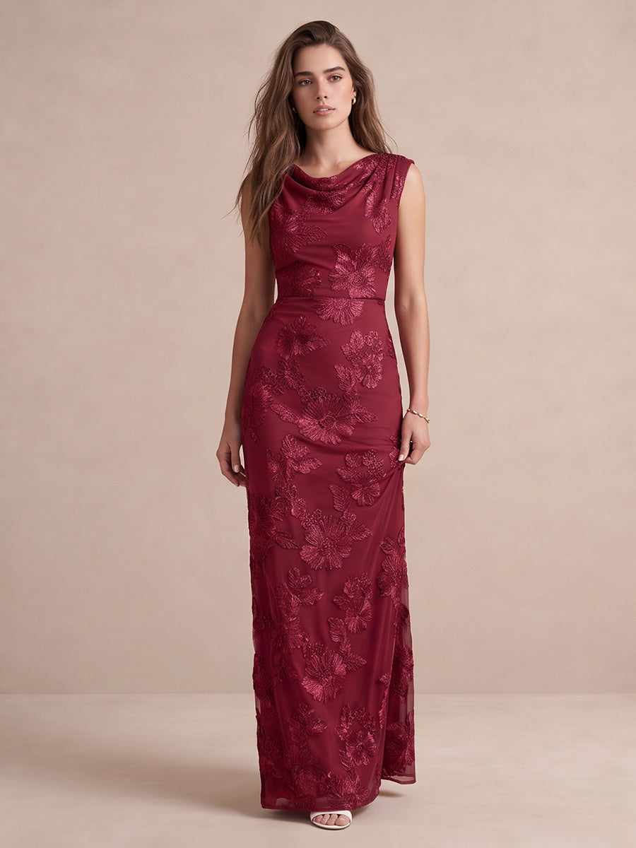 Burgundy Sheath Appliqued Tulle Long Wedding Guest Dresses Cowl Neck Formal Dresses