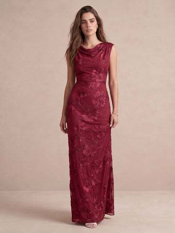 Burgundy Sheath Appliqued Tulle Long Wedding Guest Dresses Cowl Neck Formal Dresses