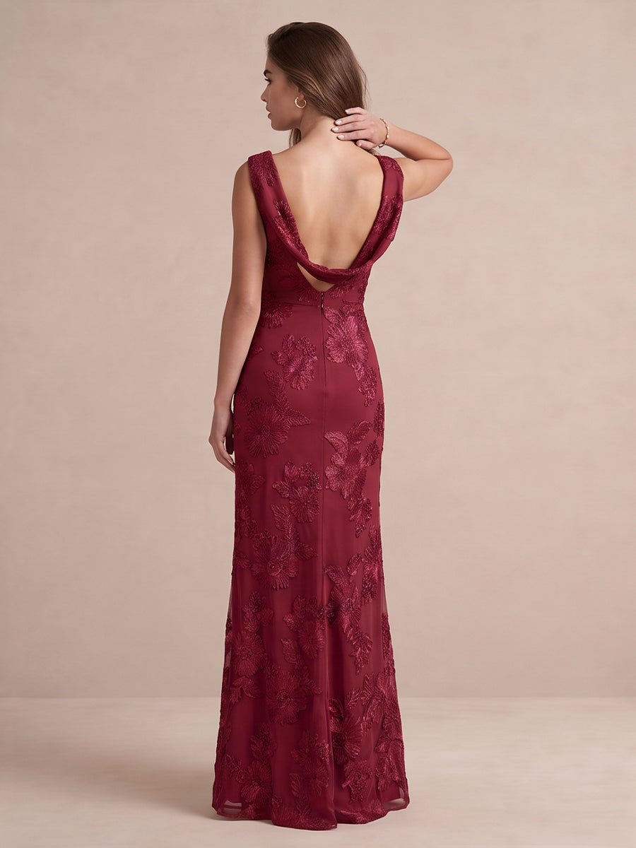 Burgundy Sheath Appliqued Tulle Long Wedding Guest Dresses Cowl Neck Formal Dresses
