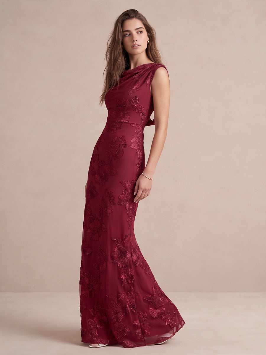 Burgundy Sheath Appliqued Tulle Long Wedding Guest Dresses Cowl Neck Formal Dresses