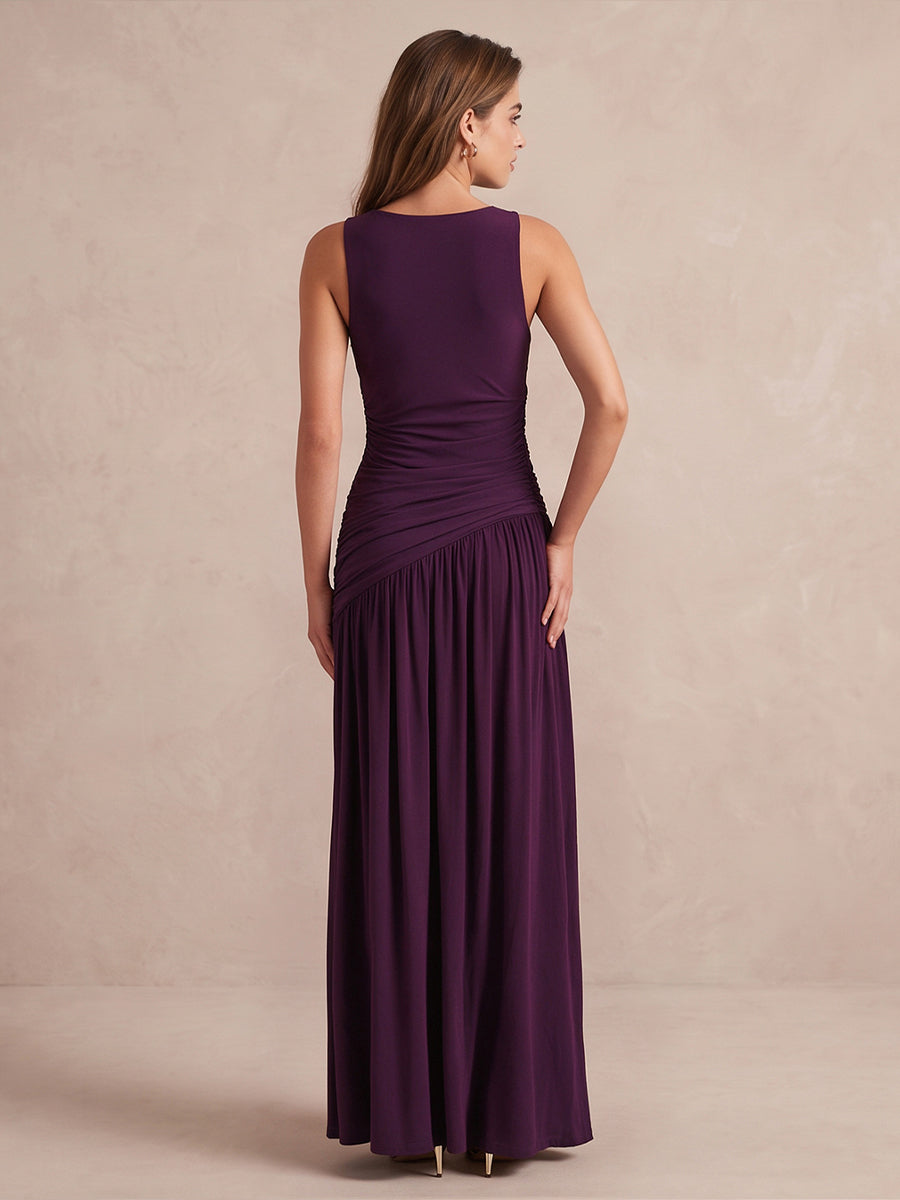 Plum A Line Floor Length Stretch Jersey Wedding Guest Dresses Sleeveless Round Neck Formal Dresses