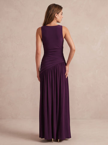 Plum A Line Floor Length Stretch Jersey Wedding Guest Dresses Sleeveless Round Neck Formal Dresses