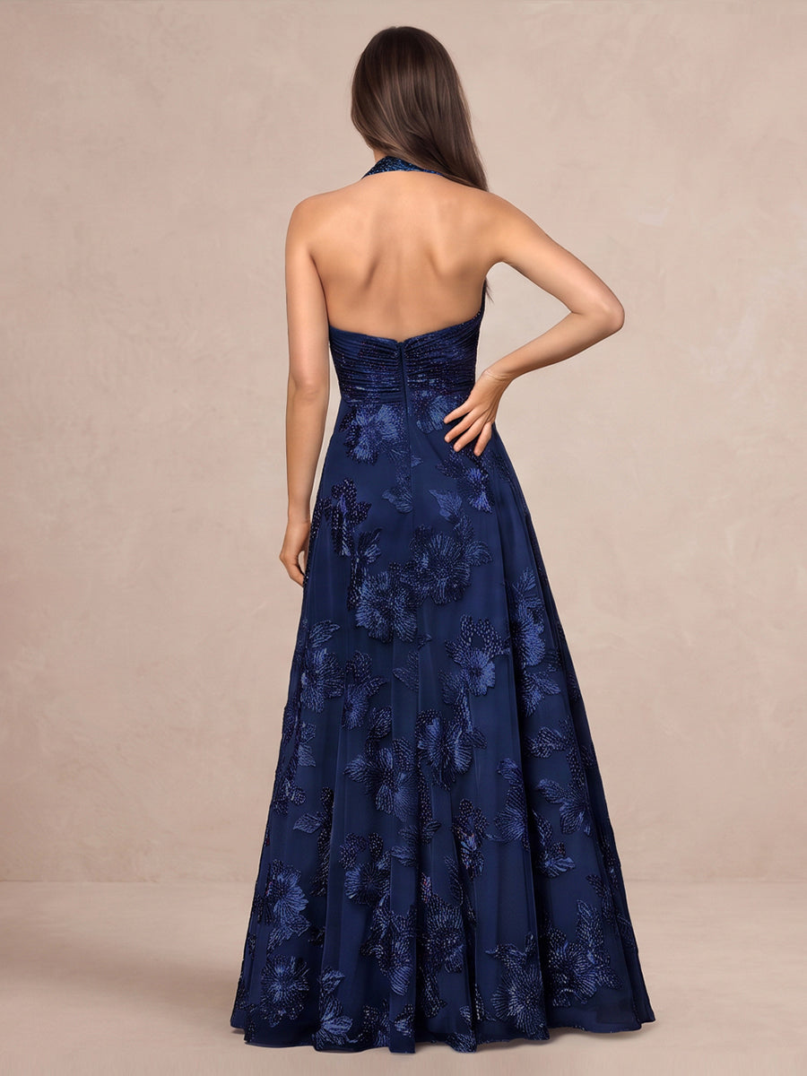 Navy Blue A Line Floor Length Appliqued Tulle Wedding Guest Dresses V Neck Formal Dresses