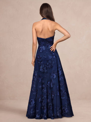 Navy Blue A Line Floor Length Appliqued Tulle Wedding Guest Dresses V Neck Formal Dresses