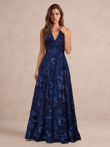 Navy Blue A Line Floor Length Appliqued Tulle Wedding Guest Dresses V Neck Formal Dresses