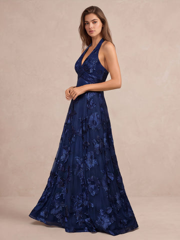Navy Blue A Line Floor Length Appliqued Tulle Wedding Guest Dresses V Neck Formal Dresses