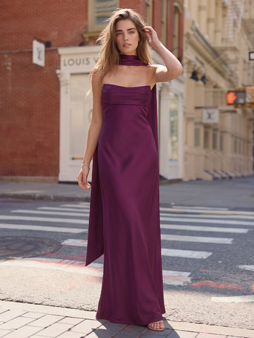 Plum Sheath Floor Length Satin Wedding Guest Dresses Strapless Formal Dresses