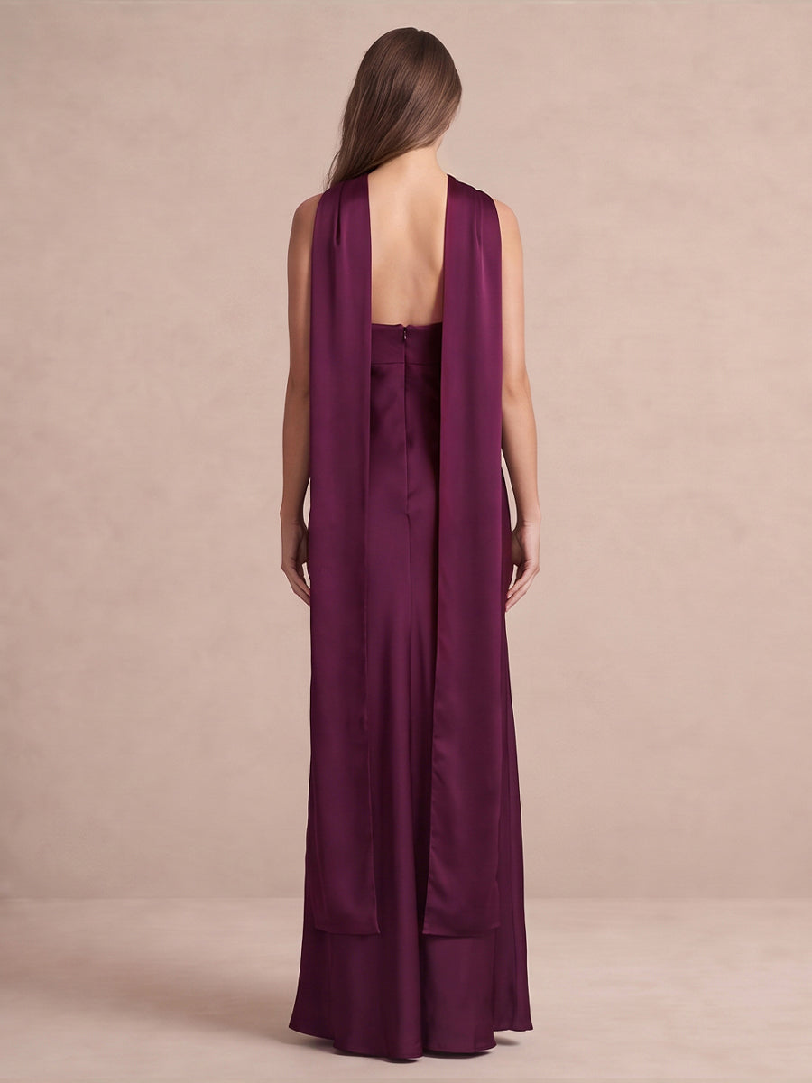 Plum Sheath Floor Length Satin Wedding Guest Dresses Strapless Formal Dresses