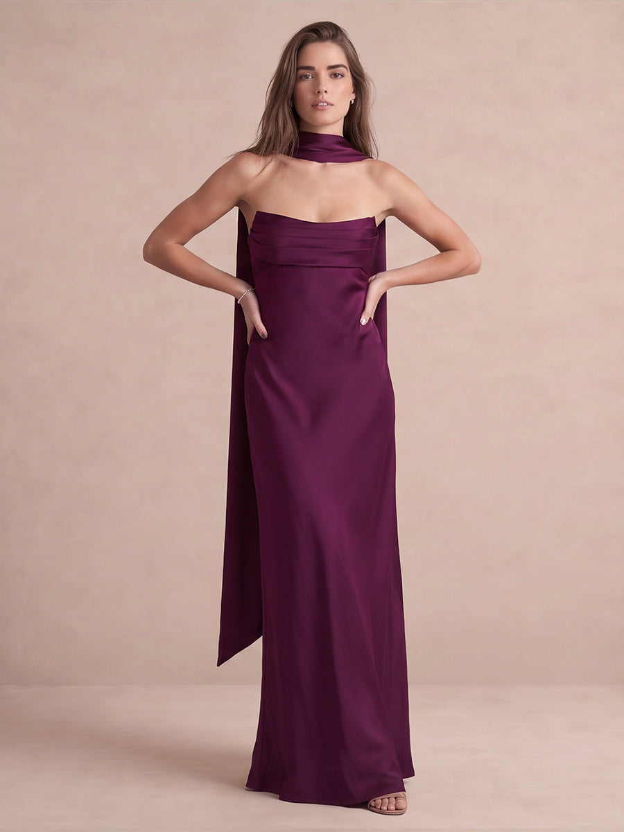 Plum Sheath Floor Length Satin Wedding Guest Dresses Strapless Formal Dresses
