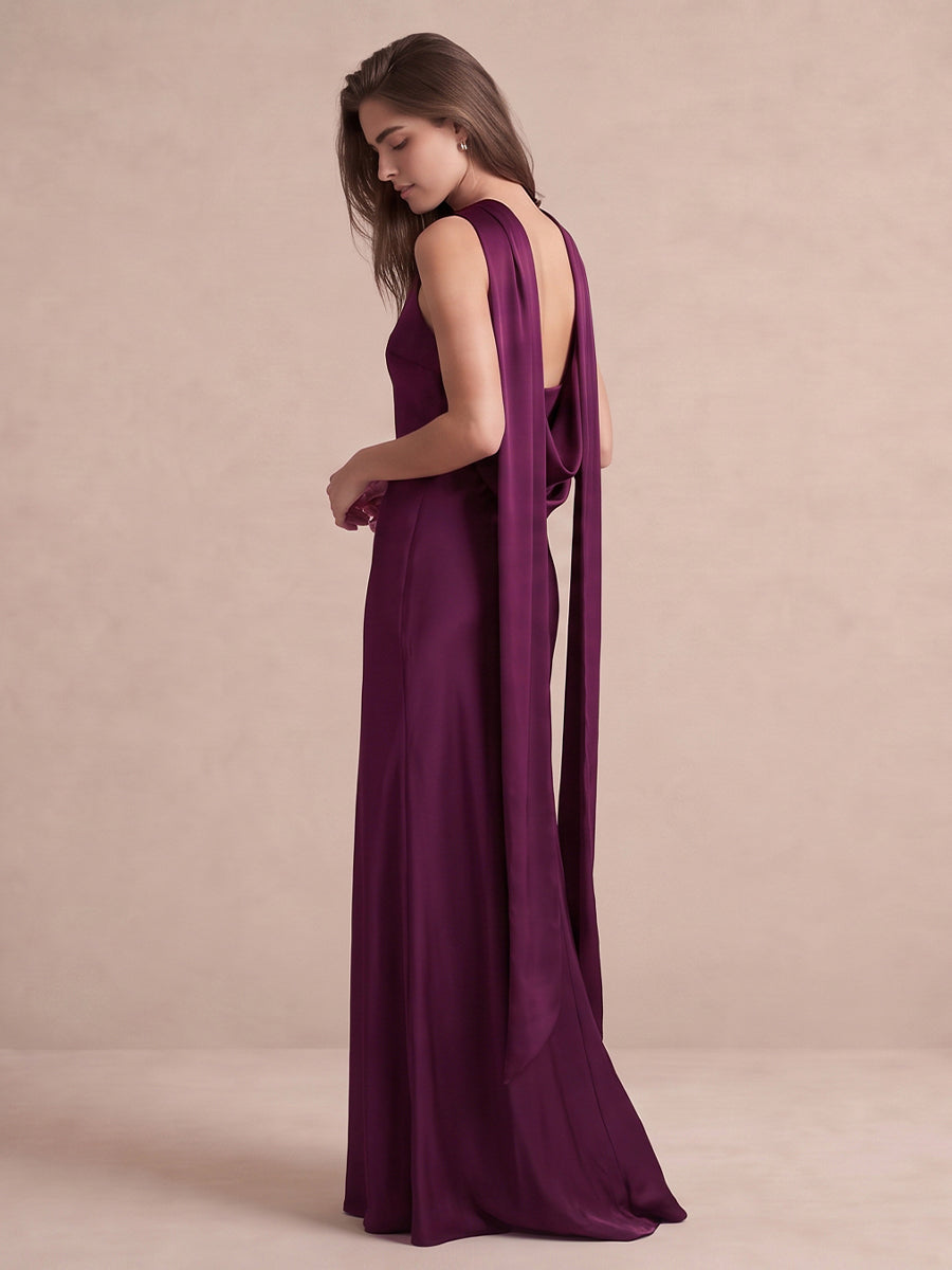 Plum Sheath Floor Length Satin Wedding Guest Dresses Strapless Formal Dresses