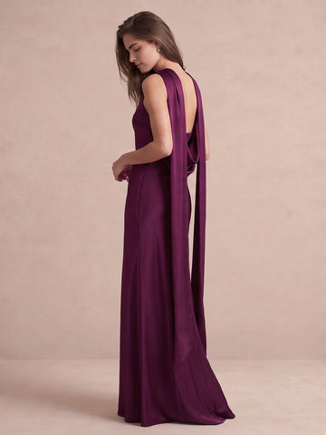 Plum Sheath Floor Length Satin Wedding Guest Dresses Strapless Formal Dresses