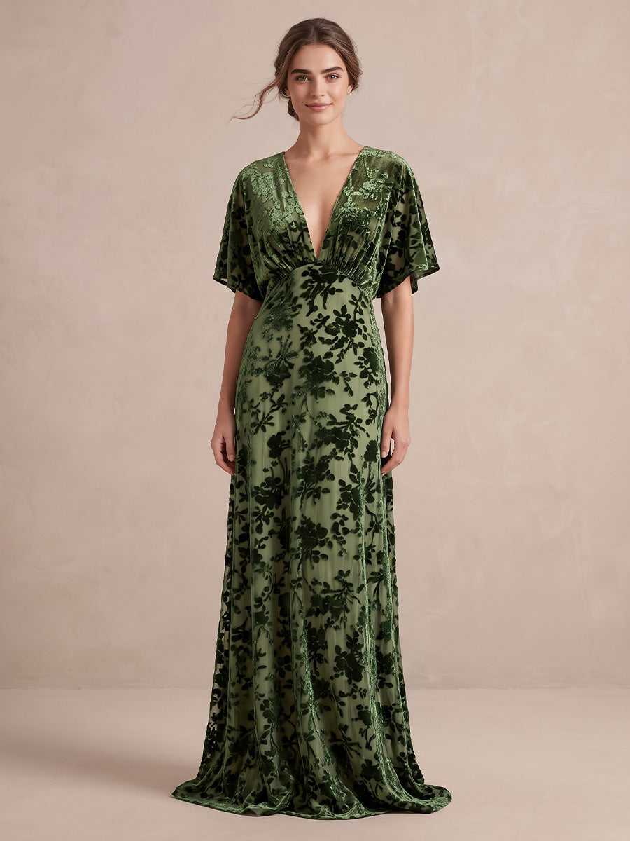 Dark Green A Line Floor Length Burnout Velvet Wedding Guest Dresses Short Sleeve V Neck Formal Dresses