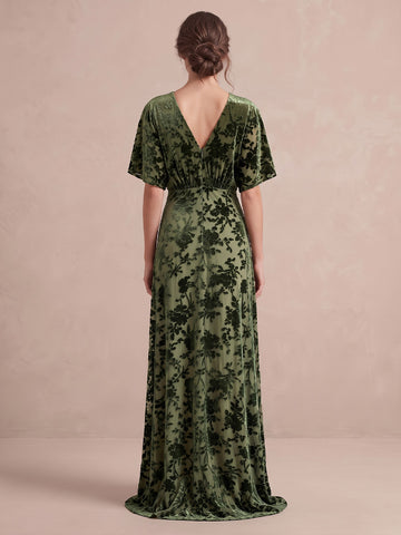 Dark Green A Line Floor Length Burnout Velvet Wedding Guest Dresses Short Sleeve V Neck Formal Dresses