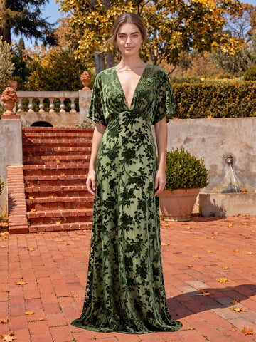 Dark Green A Line Floor Length Burnout Velvet Wedding Guest Dresses Short Sleeve V Neck Formal Dresses