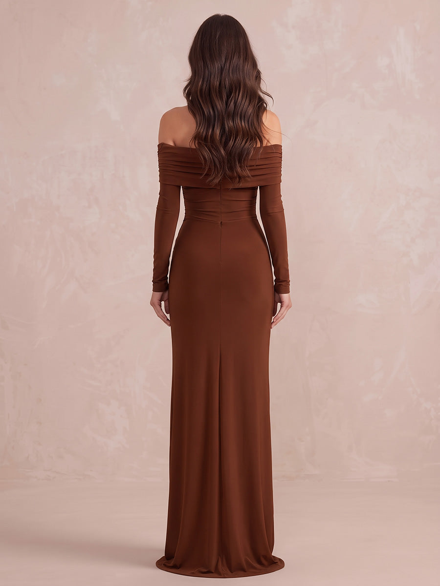 Brown Mermaid Floor Length Stretch Jersey Wedding Guest Dresses Off Shoulder Formal Dresses