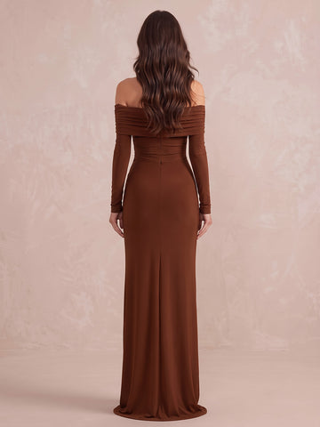 Brown Mermaid Floor Length Stretch Jersey Wedding Guest Dresses Off Shoulder Formal Dresses