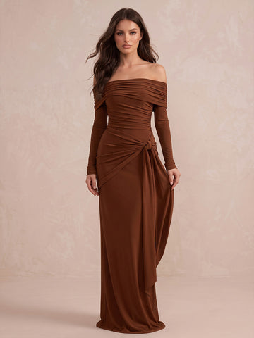 Brown Mermaid Floor Length Stretch Jersey Wedding Guest Dresses Off Shoulder Formal Dresses