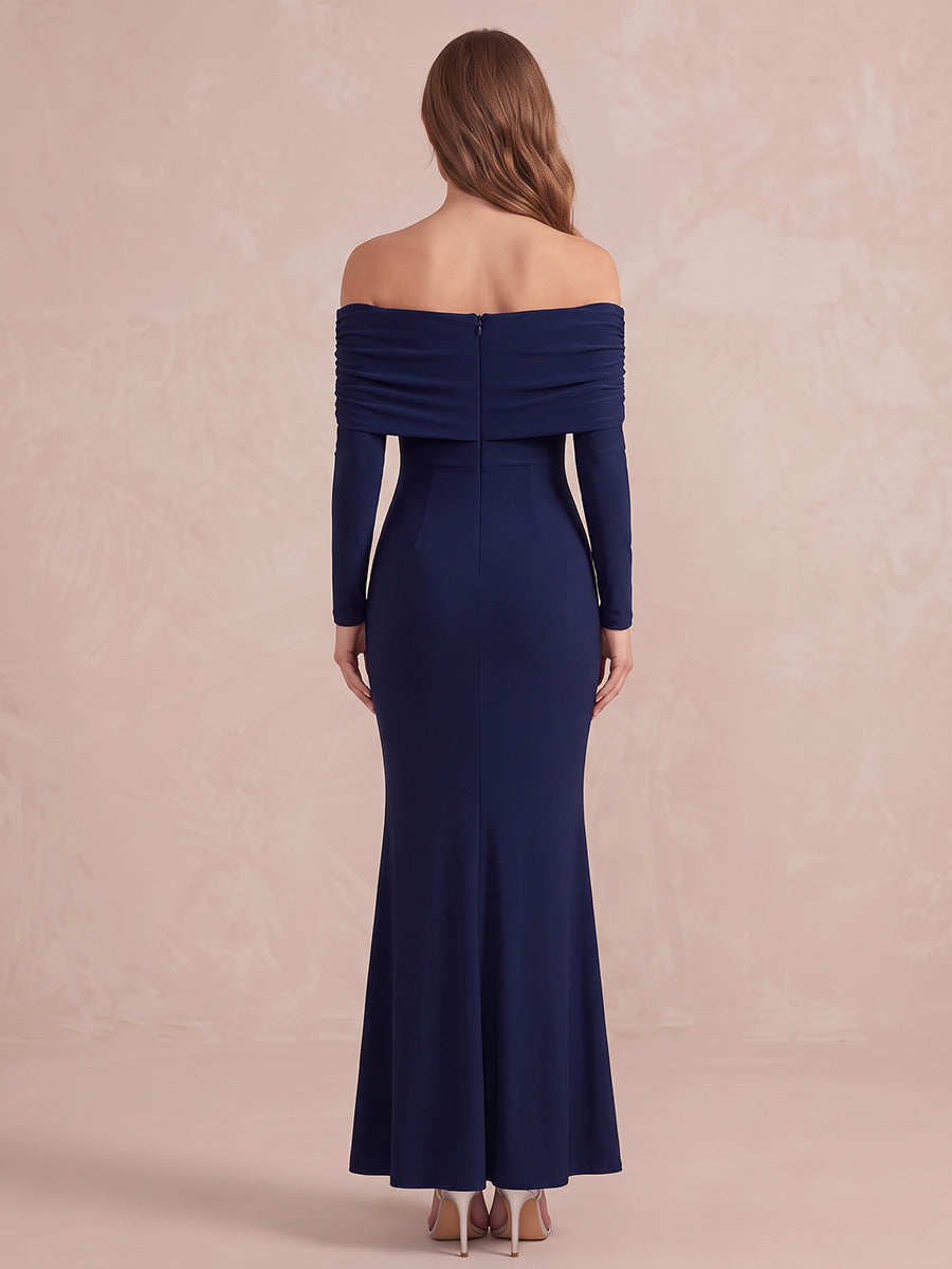Navy Blue Mermaid Ankle Length Stretch Jersey Wedding Guest Dresses Off Shoulder Formal Dresses
