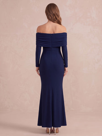 Navy Blue Mermaid Ankle Length Stretch Jersey Wedding Guest Dresses Off Shoulder Formal Dresses