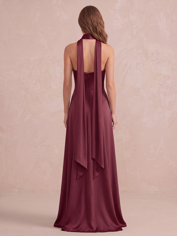 Fuchsia A Line Floor Length Satin Wedding Guest Dresses Halter Deep V Neck Formal Dresses