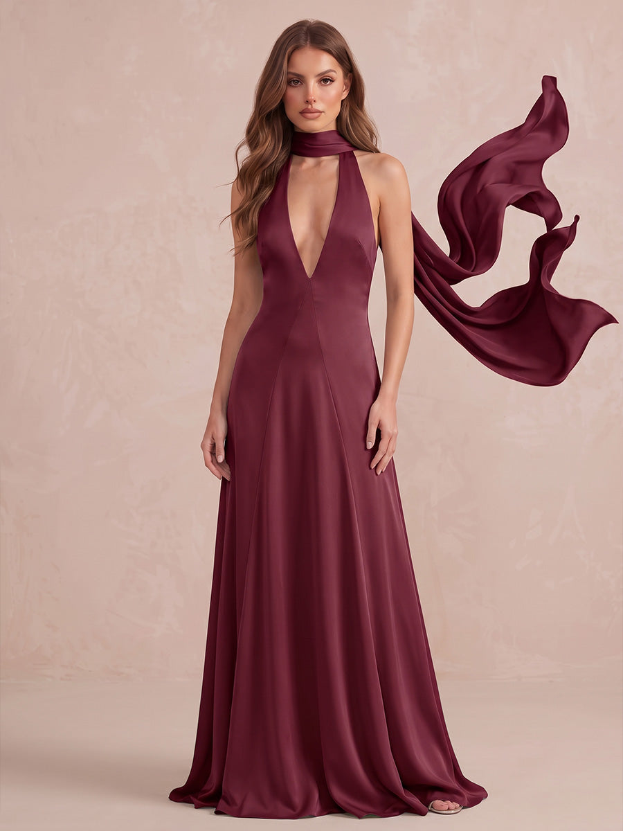 Fuchsia A Line Floor Length Satin Wedding Guest Dresses Halter Deep V Neck Formal Dresses
