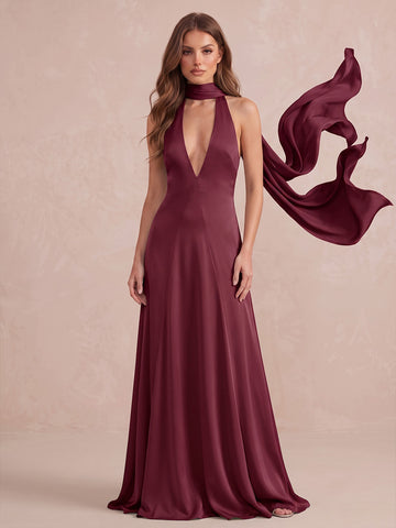 Fuchsia A Line Floor Length Satin Wedding Guest Dresses Halter Deep V Neck Formal Dresses