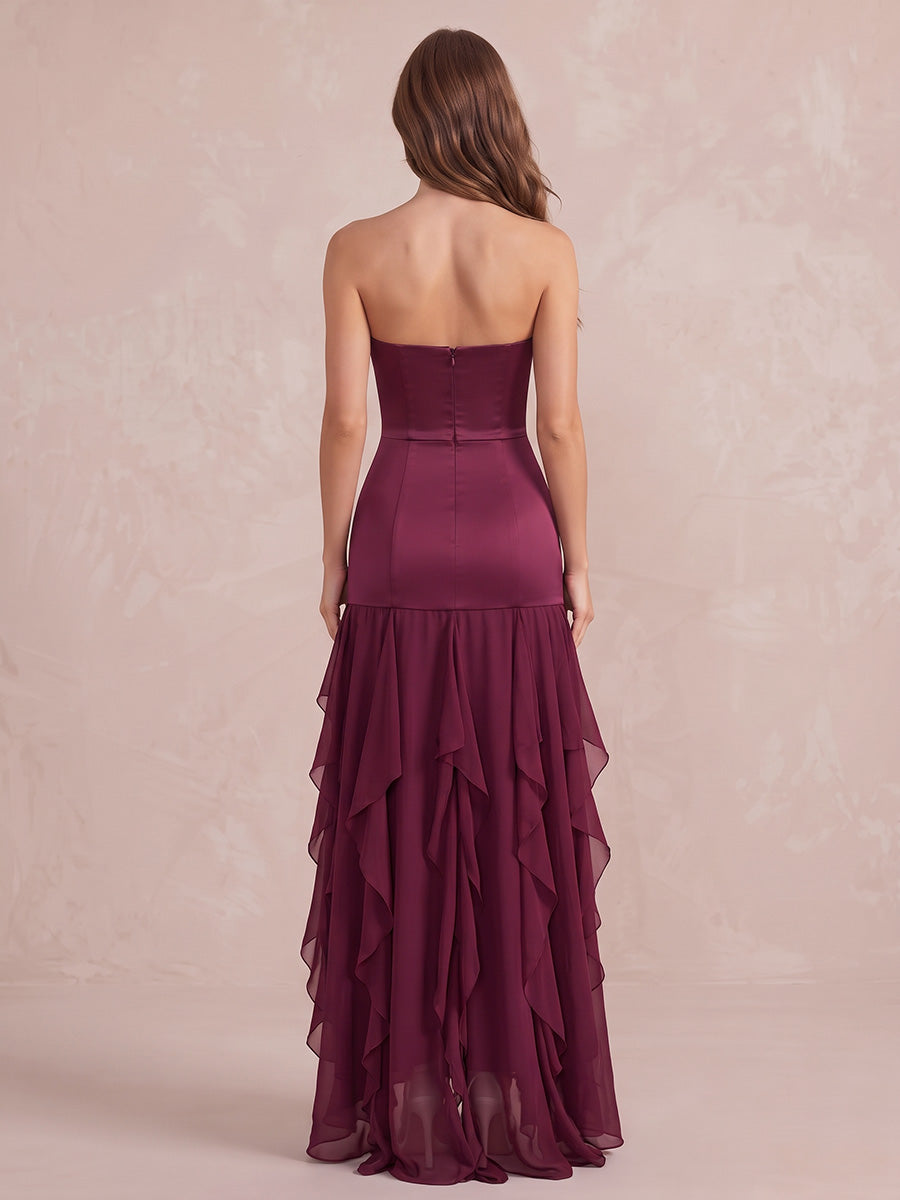Fuchsia Mermaid High Low Satin Wedding Guest Dresses Strapless Formal Dresses
