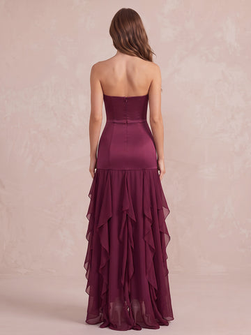 Fuchsia Mermaid High Low Satin Wedding Guest Dresses Strapless Formal Dresses