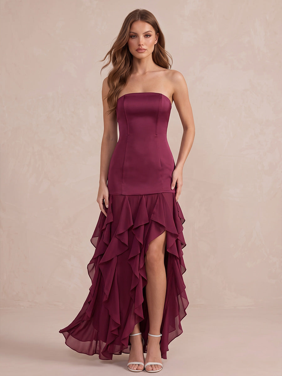 Fuchsia Mermaid High Low Satin Wedding Guest Dresses Strapless Formal Dresses