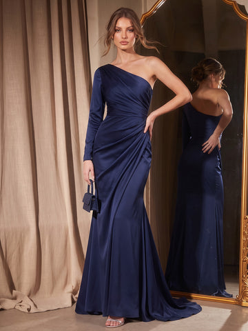 Navy Blue Mermaid Floor Length Satin Wedding Guest Dresses One Shoulder Formal Dresses