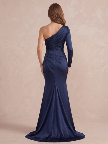 Navy Blue Mermaid Floor Length Satin Wedding Guest Dresses One Shoulder Formal Dresses