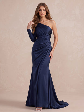 Navy Blue Mermaid Floor Length Satin Wedding Guest Dresses One Shoulder Formal Dresses