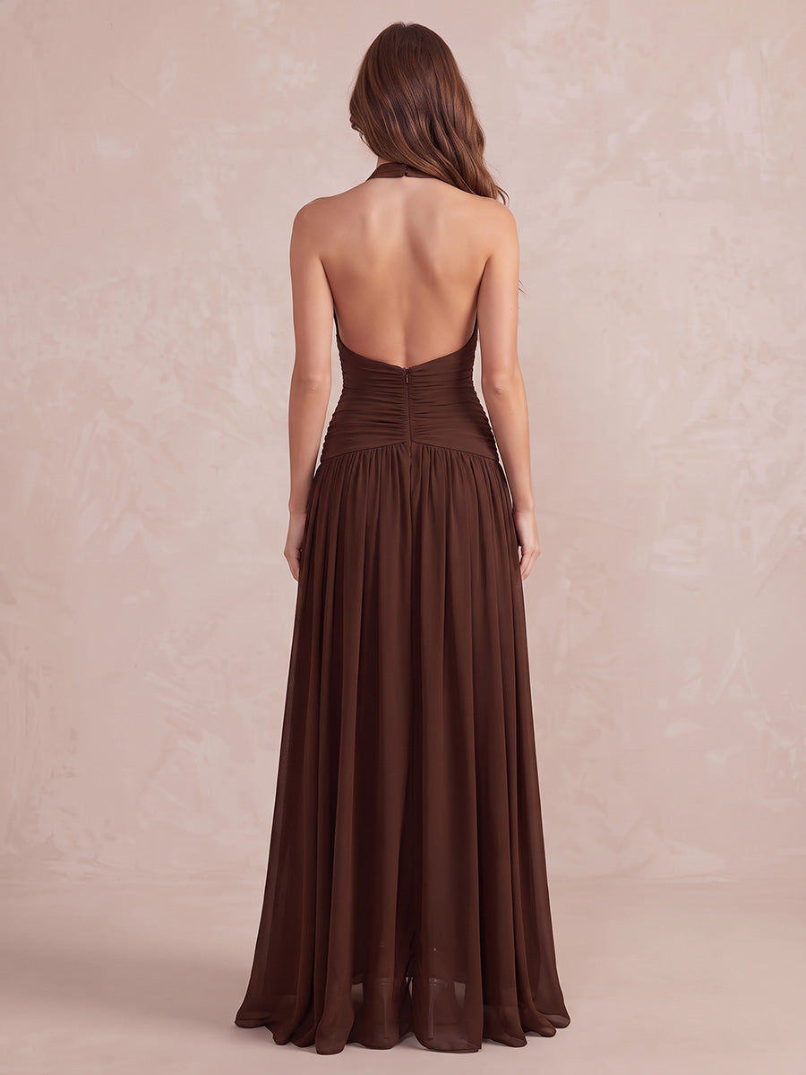Brown A Line Floor Length Chiffon Wedding Guest Dresses V Neck Formal Dresses