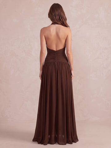 Brown A Line Floor Length Chiffon Wedding Guest Dresses V Neck Formal Dresses