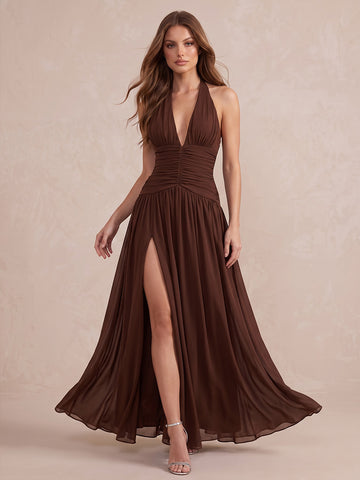 Brown A Line Floor Length Chiffon Wedding Guest Dresses V Neck Formal Dresses