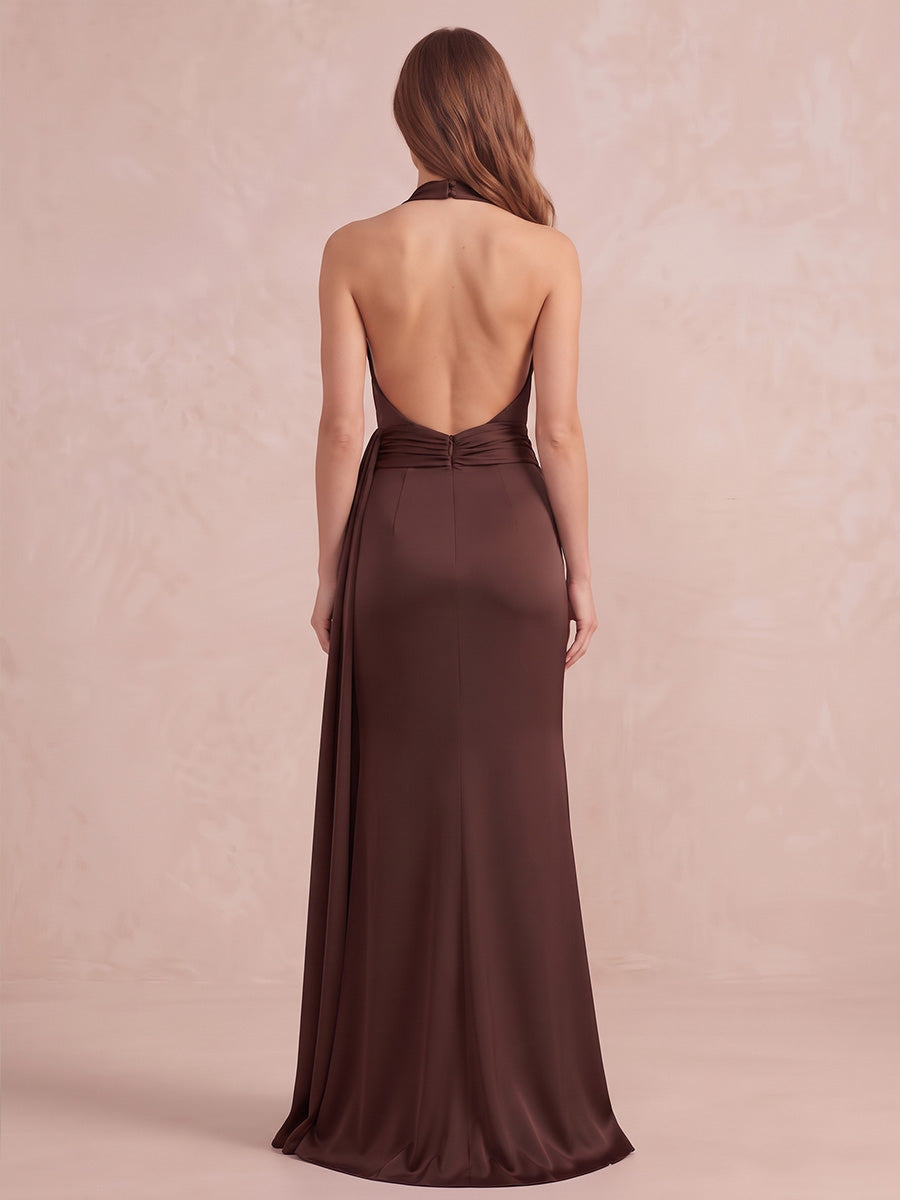 Brown Mermaid Floor Length Satin Wedding Guest Dresses Halter V Neck Formal Dresses