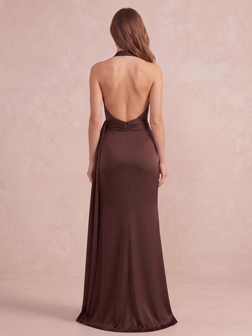 Brown Mermaid Floor Length Satin Wedding Guest Dresses Halter V Neck Formal Dresses