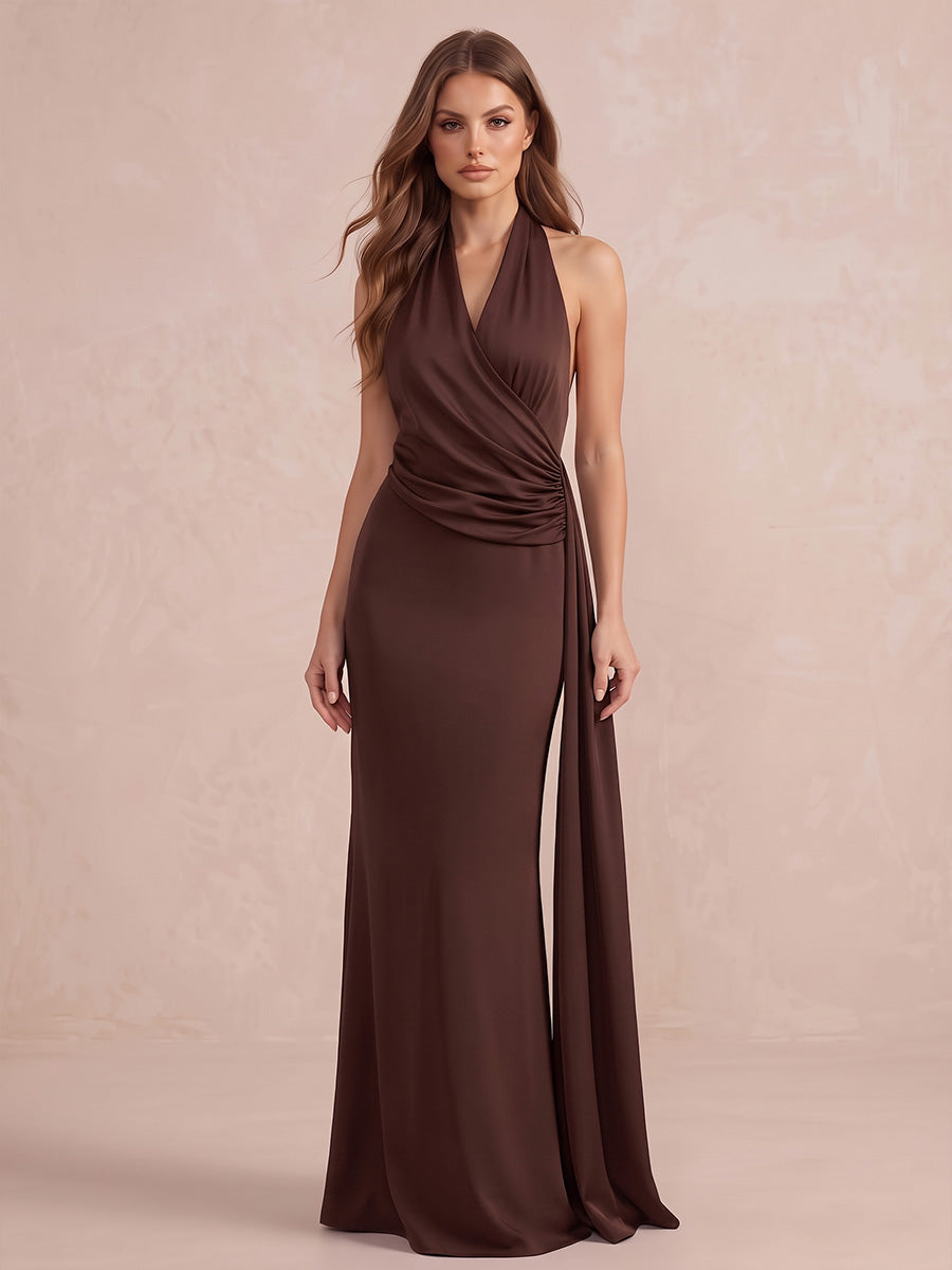 Brown Mermaid Floor Length Satin Wedding Guest Dresses Halter V Neck Formal Dresses