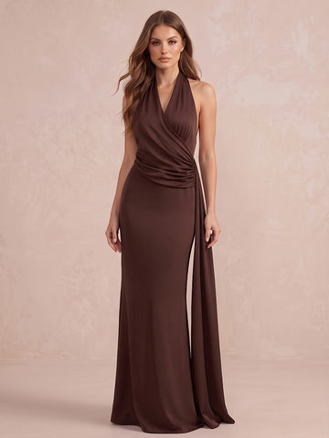 Brown Mermaid Floor Length Satin Wedding Guest Dresses Halter V Neck Formal Dresses