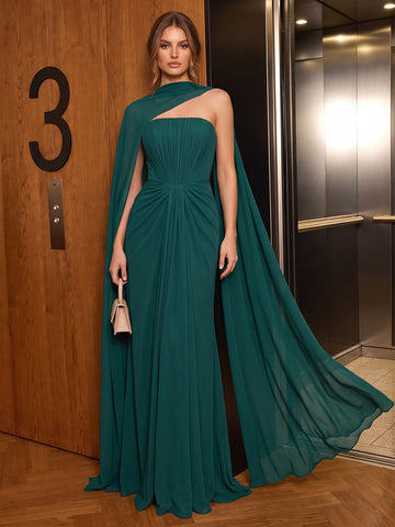 Peacock A Line Floor Length Chiffon Wedding Guest Dresses Strapless Cape Sleeve Formal Dresses