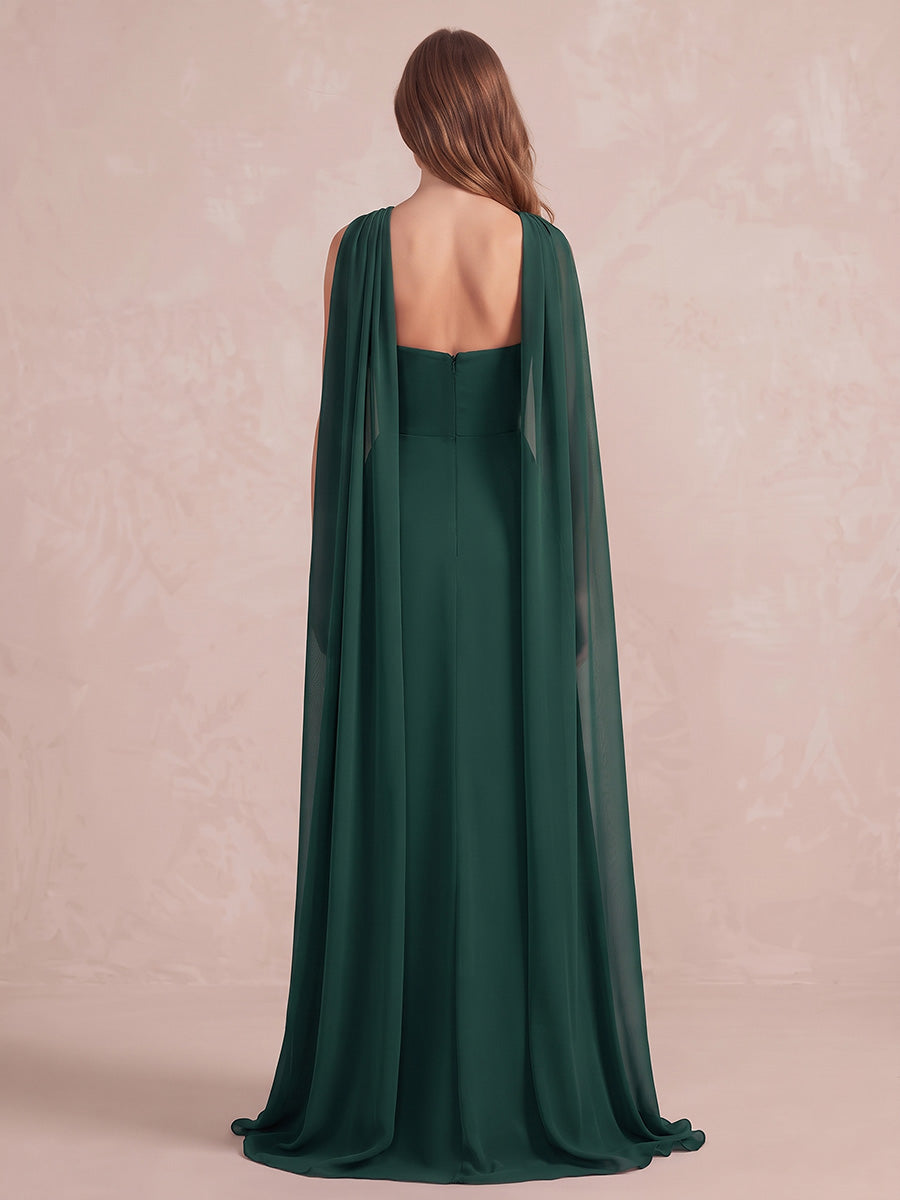 Peacock A Line Floor Length Chiffon Wedding Guest Dresses Strapless Cape Sleeve Formal Dresses